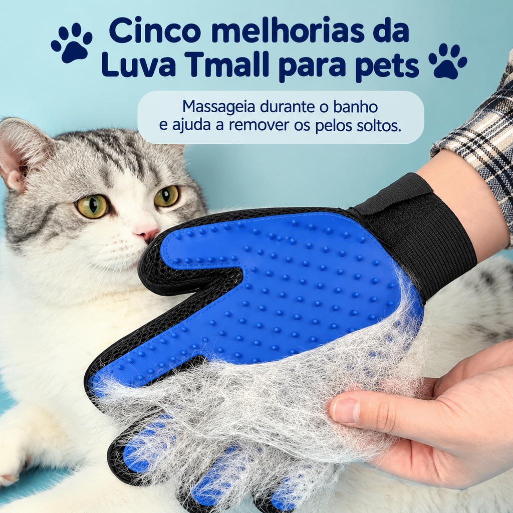 Luva Removedora de Pelos para Cães e Gatos em Silicone – Escova de Limpeza e Massagem para Pets