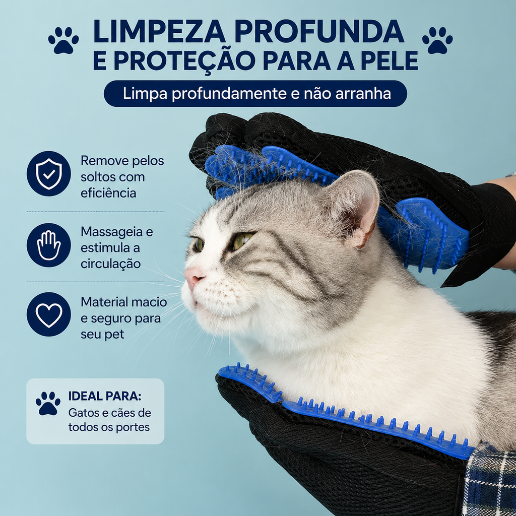 Luva Removedora de Pelos para Cães e Gatos em Silicone – Escova de Limpeza e Massagem para Pets