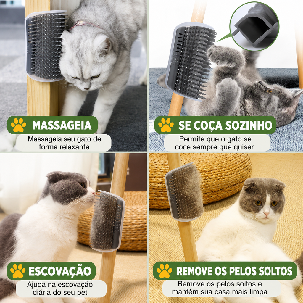 Escova Massageadora de Canto para Gatos – Removedor de Pelos com Pente Removível