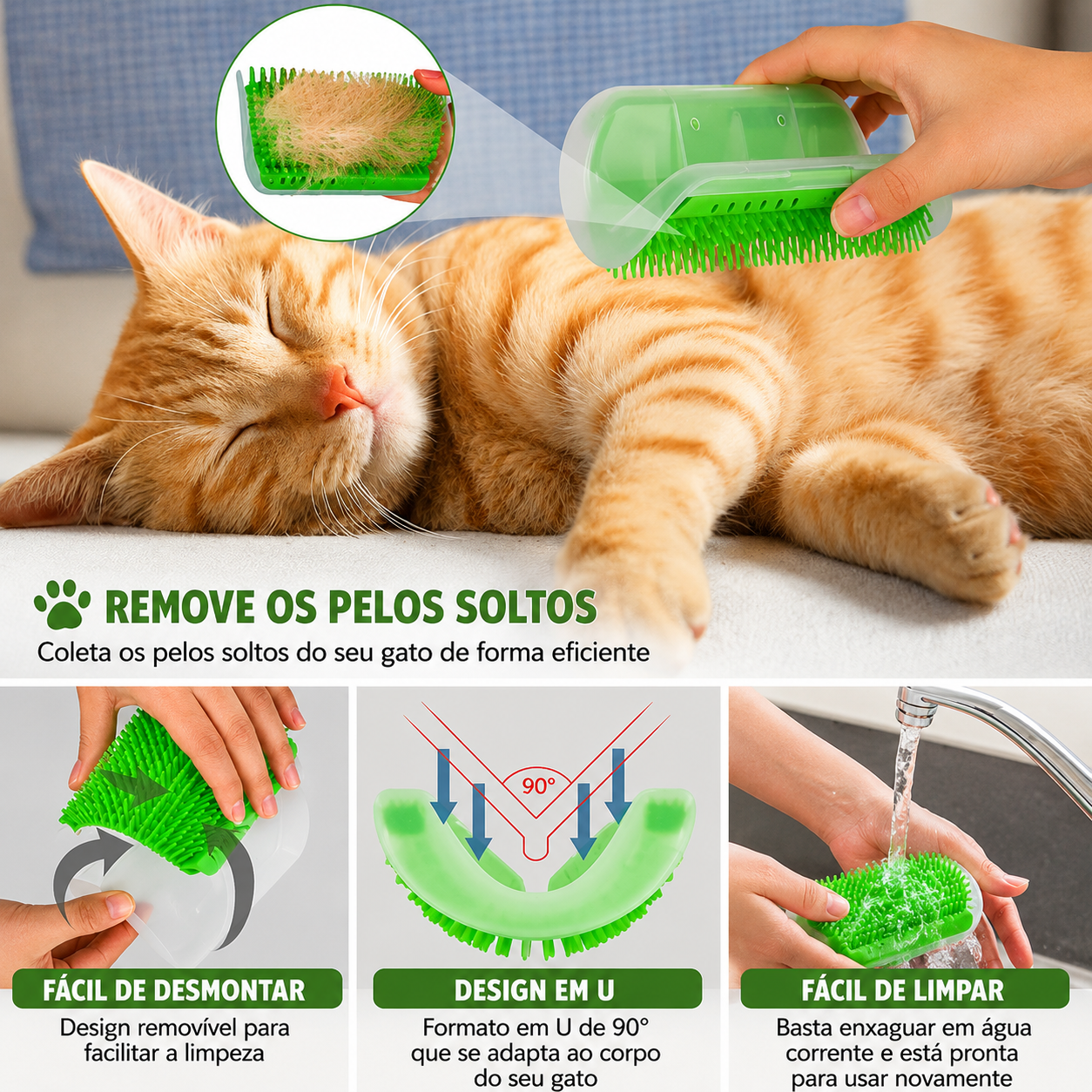 Escova Massageadora de Canto para Gatos – Removedor de Pelos com Pente Removível