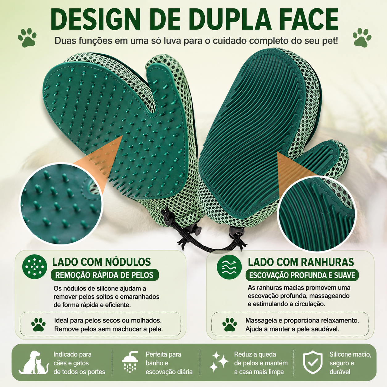 Luva Removedora de Pelos para Cães e Gatos – Escova Massageadora para Banho e Higienização