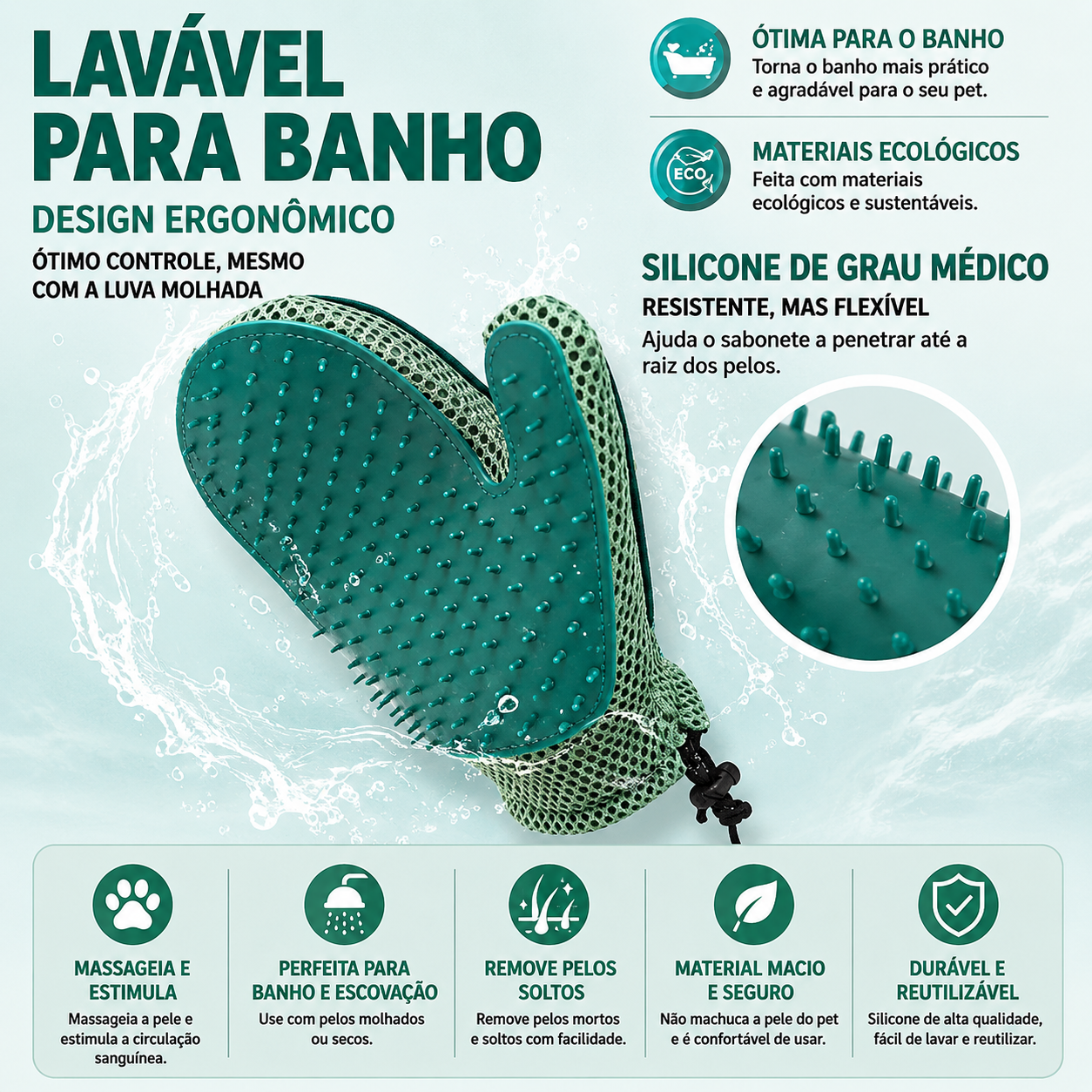 Luva Removedora de Pelos para Cães e Gatos – Escova Massageadora para Banho e Higienização