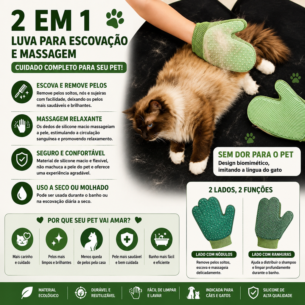 Luva Removedora de Pelos para Cães e Gatos – Escova Massageadora para Banho e Higienização