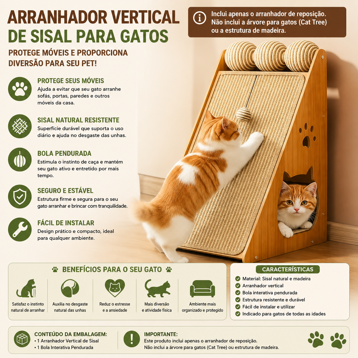 Arranhador Vertical de Sisal para Gatos com Bola Pendurada – Protege Sofás, Portas e Móveis