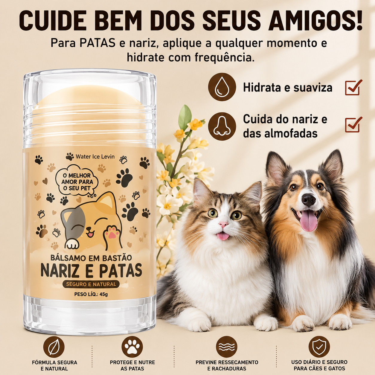 Bálsamo Hidratante para Nariz e Patas de Cães e Gatos 45g – Creme Protetor e Reparador para Patas Ressecadas