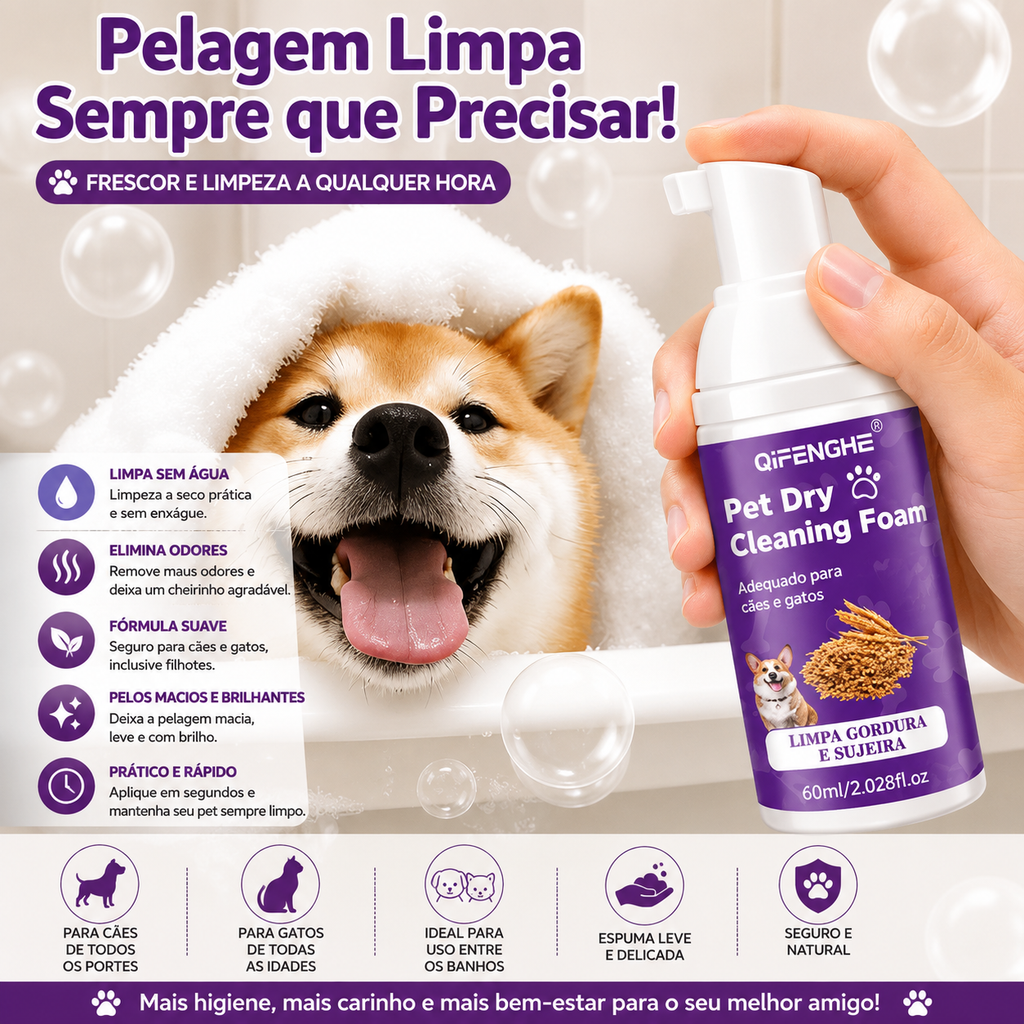 Shampoo a Seco para Cães e Gatos – Espuma Sem Enxágue para Limpeza e Eliminação de Odores