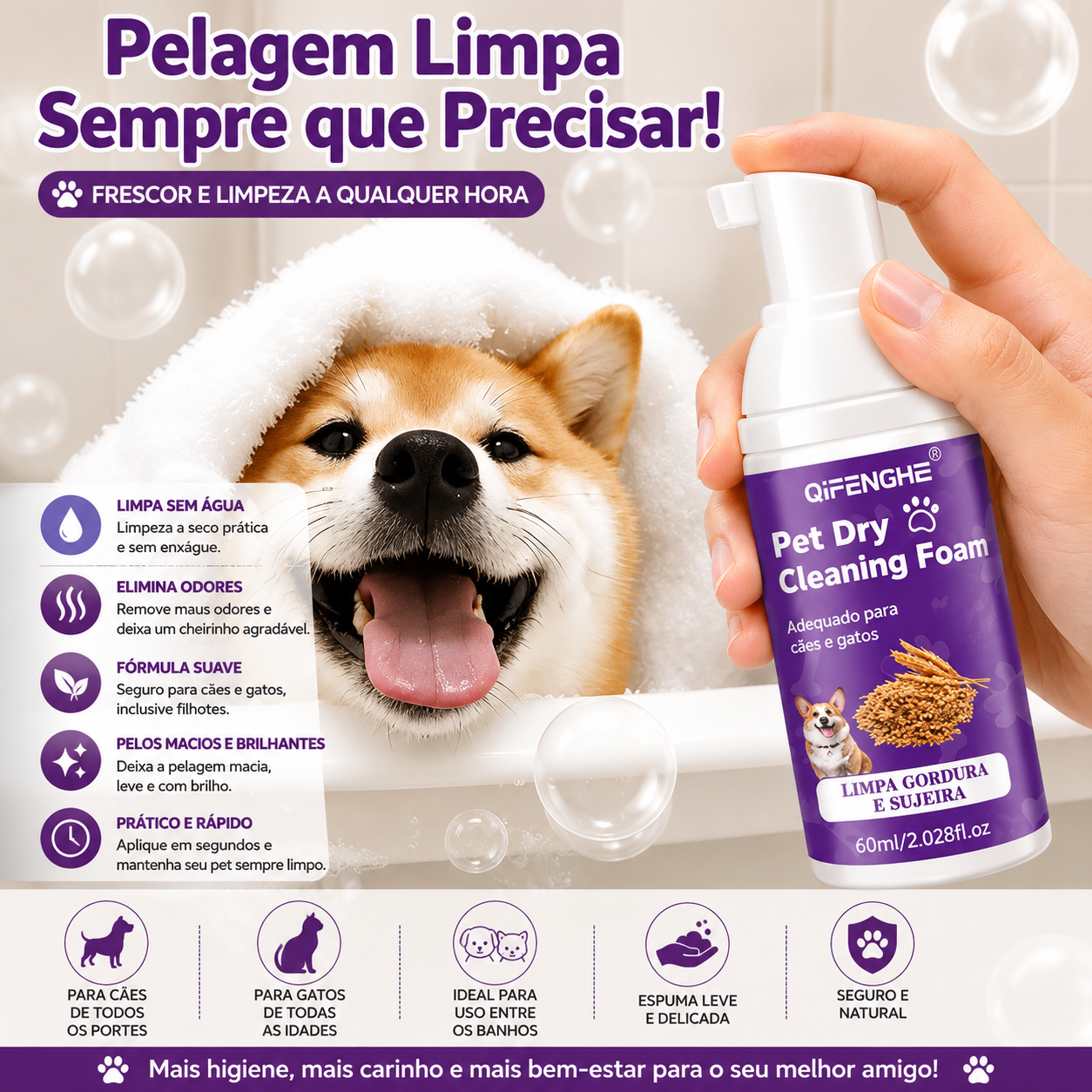 Shampoo a Seco para Cães e Gatos – Espuma Sem Enxágue para Limpeza e Eliminação de Odores