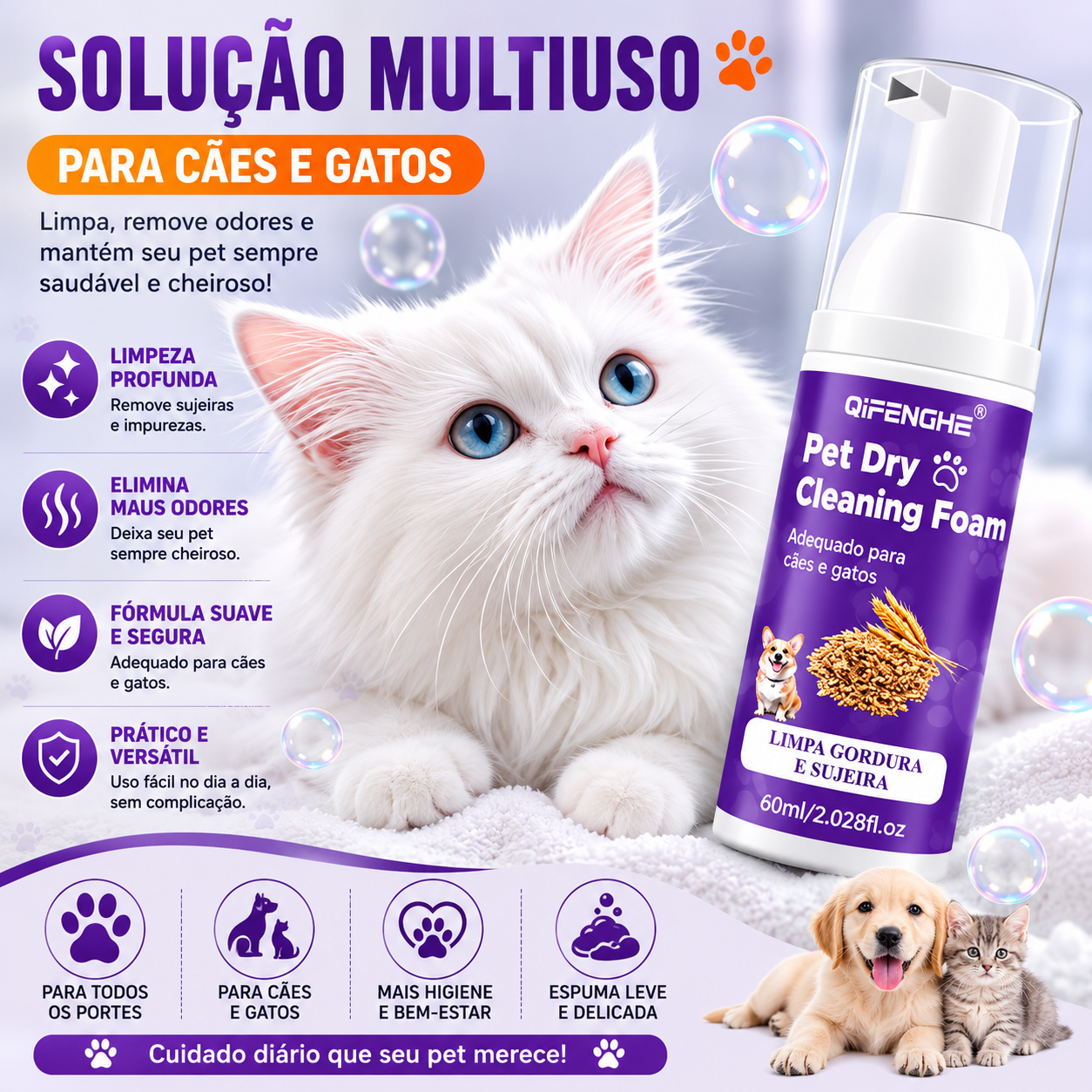 Shampoo a Seco para Cães e Gatos – Espuma Sem Enxágue para Limpeza e Eliminação de Odores