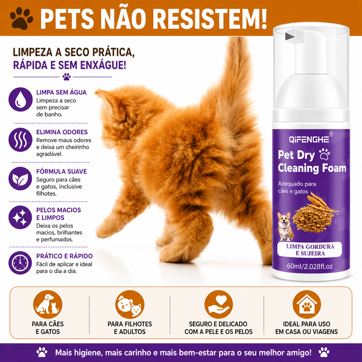 Shampoo a Seco para Cães e Gatos – Espuma Sem Enxágue para Limpeza e Eliminação de Odores