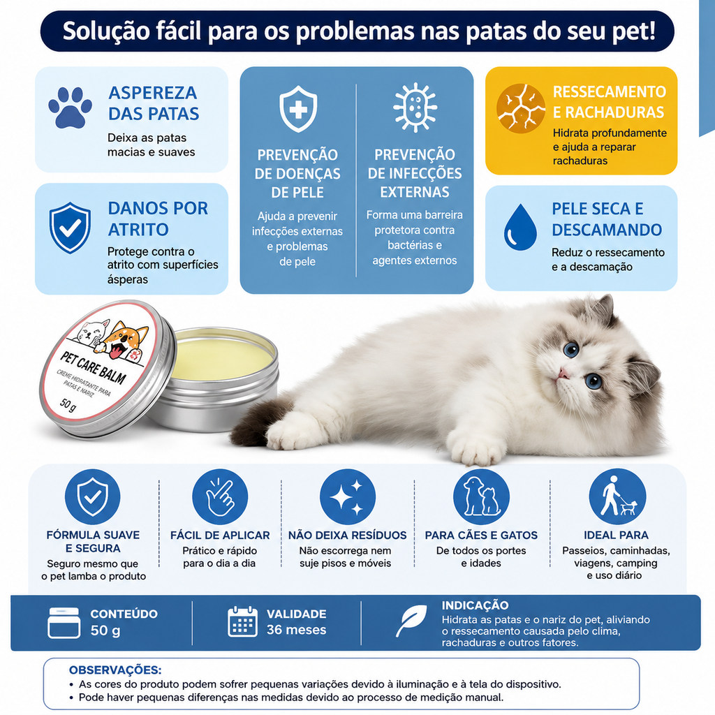 Bálsamo Hidratante para Patas e Nariz de Cães e Gatos 50g – Creme Protetor para Patas Ressecadas e Rachadas