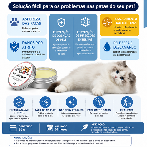 Bálsamo Hidratante para Patas e Nariz de Cães e Gatos 50g – Creme Protetor para Patas Ressecadas e Rachadas
