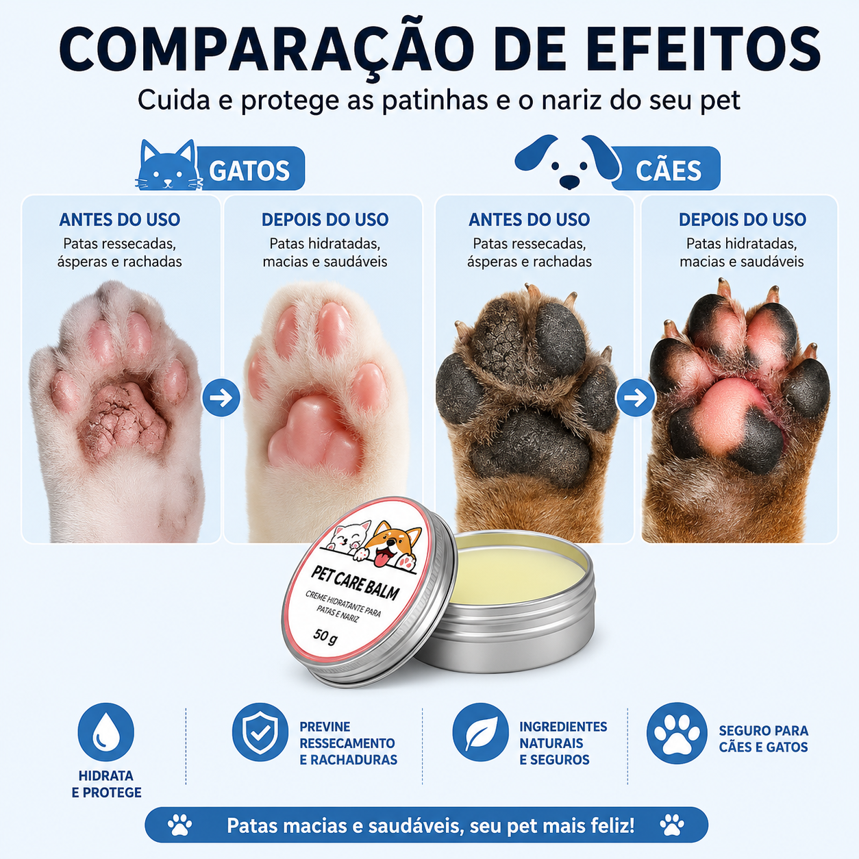 Bálsamo Hidratante para Patas e Nariz de Cães e Gatos 50g – Creme Protetor para Patas Ressecadas e Rachadas