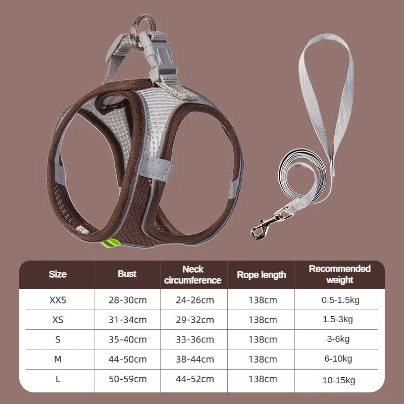 Peitoral Ajustável para Cães e Gatos com Guia – Colete Refletivo para Pets Pequenos