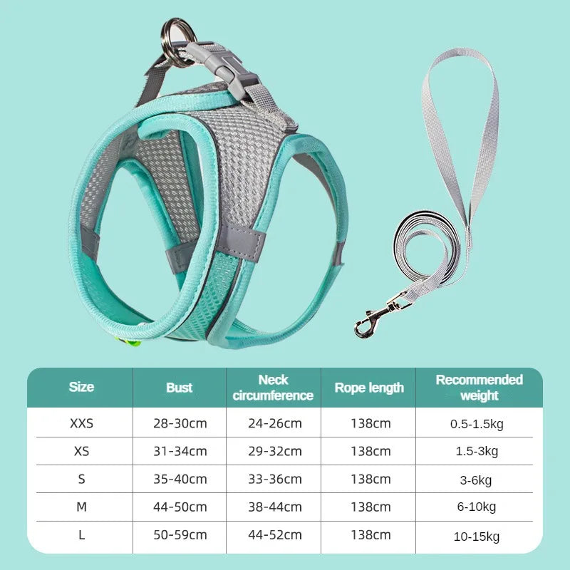 Peitoral Ajustável para Cães e Gatos com Guia – Colete Refletivo para Pets Pequenos