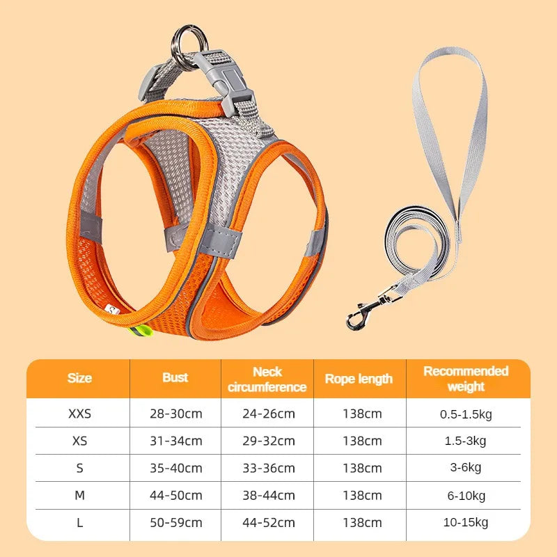 Peitoral Ajustável para Cães e Gatos com Guia – Colete Refletivo para Pets Pequenos